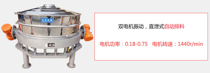 雙電機振動，直泄式自動排料電機功率：0.18-0.75   電機轉(zhuǎn)速：1440r/min。