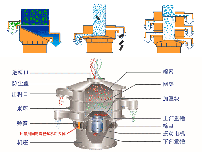 不銹鋼旋振篩結(jié)構(gòu)展示：篩網(wǎng)，出料口，束環(huán)，彈簧，防塵蓋，機(jī)座等