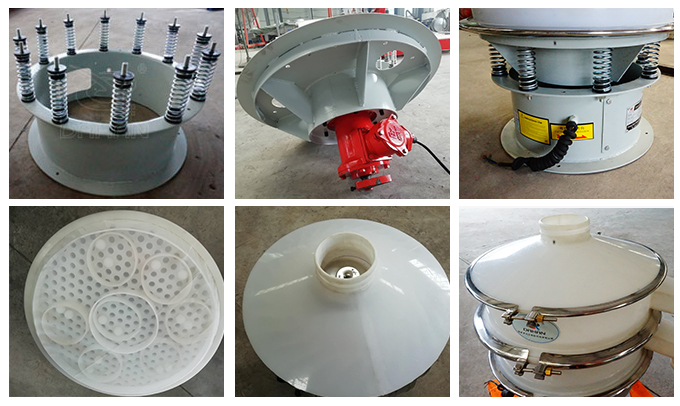 塑料振動(dòng)篩彈簧底座安裝，振動(dòng)電機(jī)安裝，篩網(wǎng)，防塵蓋等安裝圖片展示